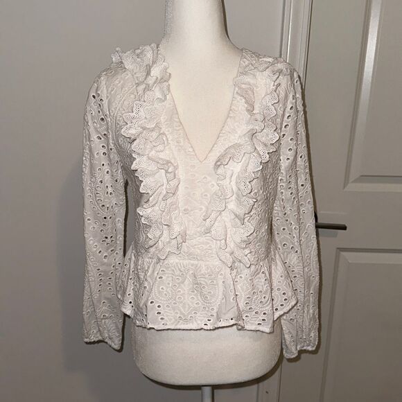 EXPRESS EYELET LACE RUFFLE FRONT PEPLUM TOP - Picture 3 of 8